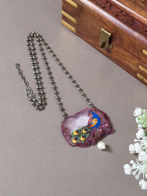 

Golden Peacock Blue & Green Hand Painted Necklace