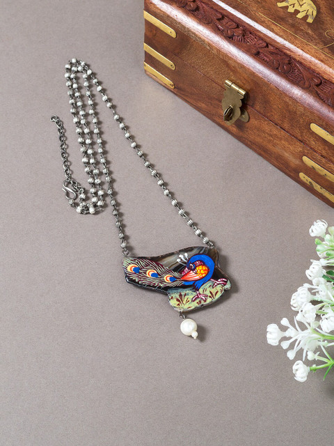 

Golden Peacock Blue & Green Hand Painted Necklace
