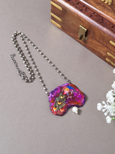 

Golden Peacock Silver-Toned & Purple Peacock Design Hand Painted Necklace