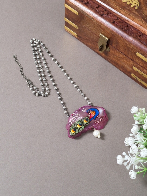 

Golden Peacock Blue & Green Hand Painted Necklace