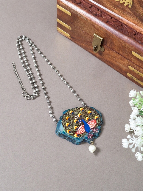 

Golden Peacock Multicoloured Hand Painted Peacock Design Necklace, Multi