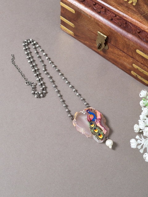 

Golden Peacock Pink & Green Hand Painted Necklace