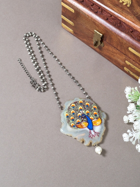 

Golden Peacock Silver-Toned & Green Peacock Design Hand Painted Necklace