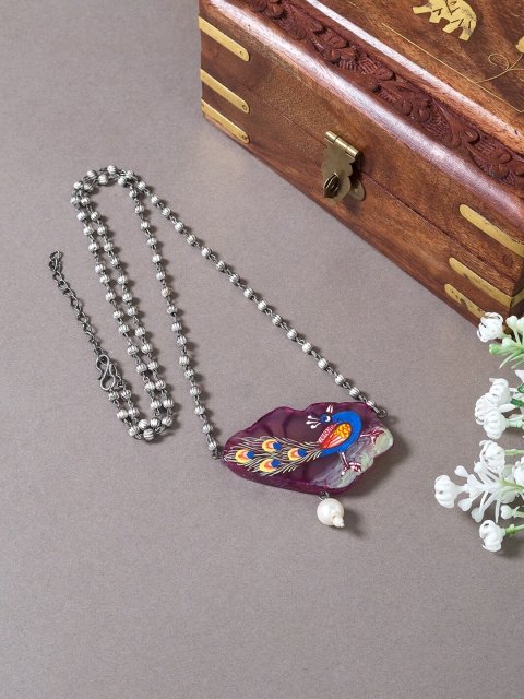 

Golden Peacock Silver-Toned & Purple Hand Painted Necklace