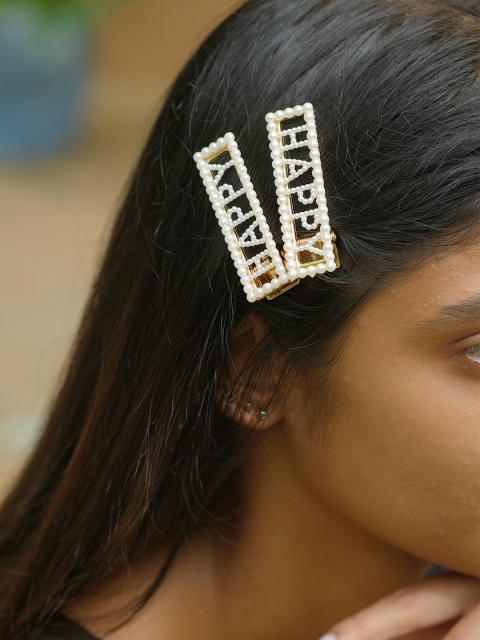

Ayesha Women Gold-Toned & White Set of 2 Oversized Happy Pearl Studded Hairclips