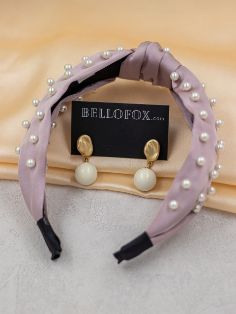 

Bellofox Women Set Of Gold-Toned & Off-White Earrings & Lavender Embellished Hairband