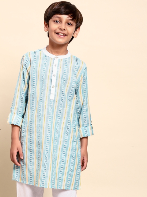 

House of Pataudi Boys Blue & White Pure Cotton Printed Kurta