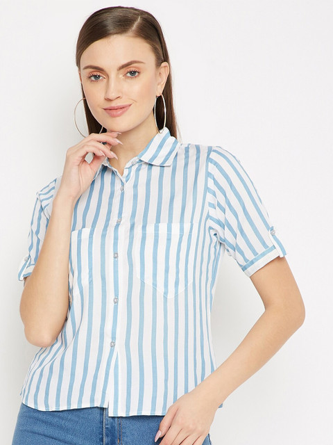 

SECRETS BY ZEROKAATA Blue & White Striped Shirt Style Crop Top
