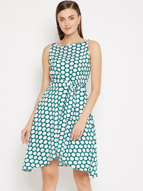 

SECRETS BY ZEROKAATA Women White & Teal Cotton Printed Dress