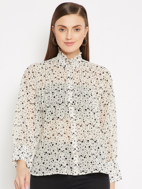 

SECRETS BY ZEROKAATA Women White Geometric Sheer Chiffon Shirt Style Top