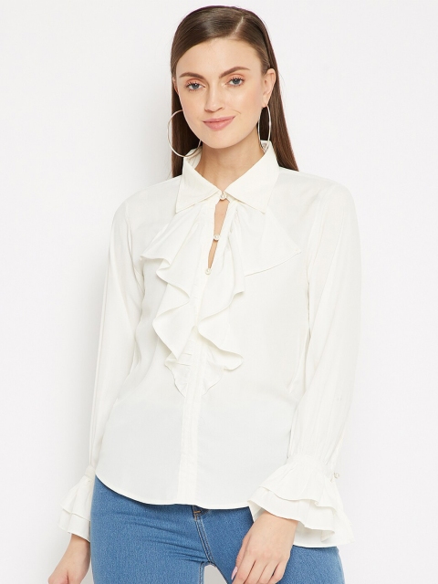 

SECRETS BY ZEROKAATA White Ruffles Georgette Shirt Style Top