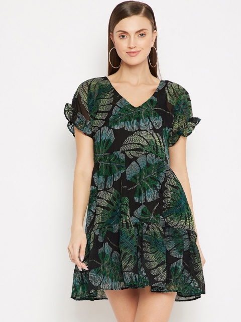 

SECRETS BY ZEROKAATA Black Tropical Georgette A-Line Dress