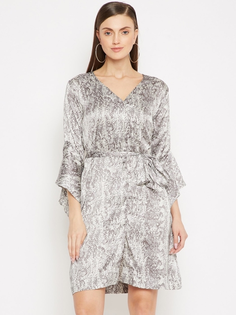 

SECRETS BY ZEROKAATA Grey Animal Printed Georgette A-Line Dress With Belt