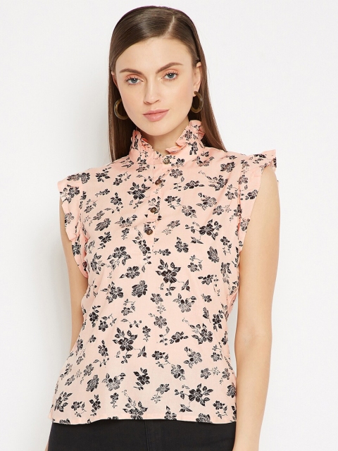 

SECRETS BY ZEROKAATA Peach-Coloured Floral Ruffles Regular Top
