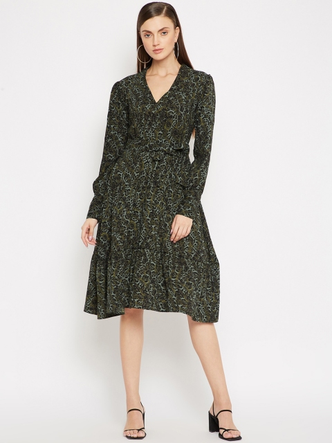 

SECRETS BY ZEROKAATA Women Green Georgette A-Line Midi Dress
