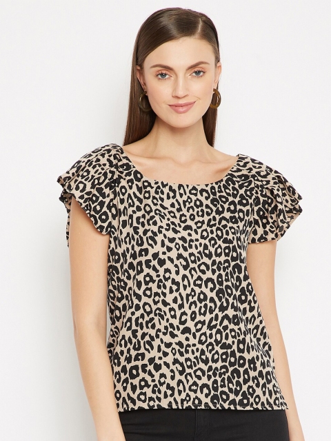 

SECRETS BY ZEROKAATA Camel Brown & Black Animal Georgette Regular Top