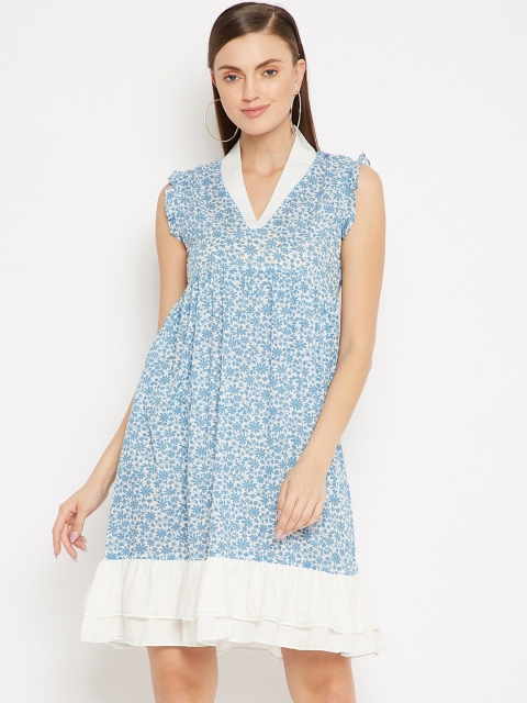 

SECRETS BY ZEROKAATA White & Blue Floral Empire Dress