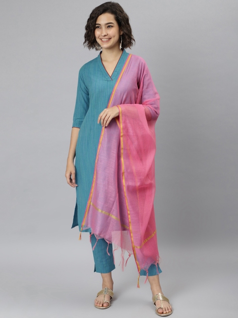 

Janasya Women Blue Regular Pure Cotton Kurta with Trousers & Dupatta
