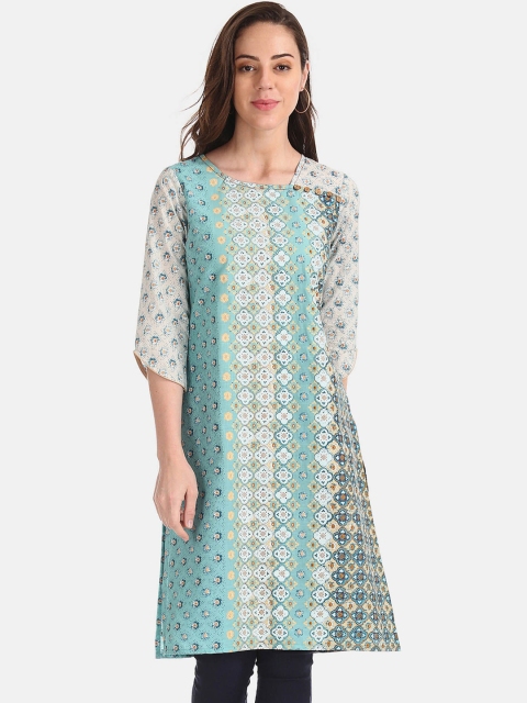 

Karigari Women Blue & Off White Floral Printed Pure Cotton Kurta
