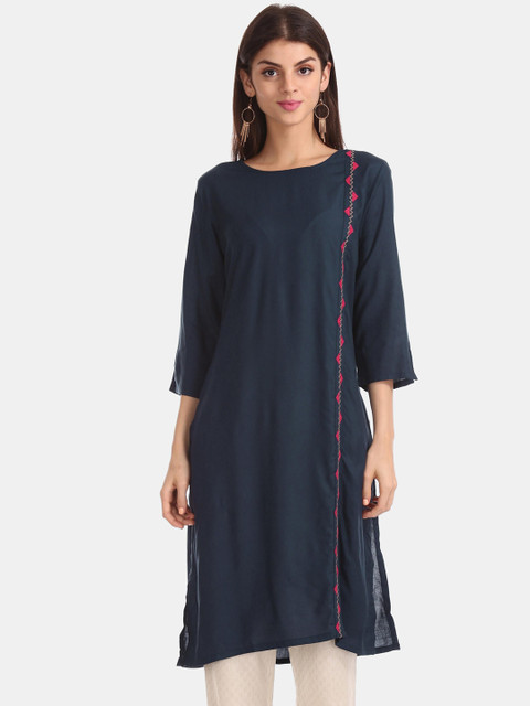 

Karigari Women Blue Embroidered Thread Work Kurta