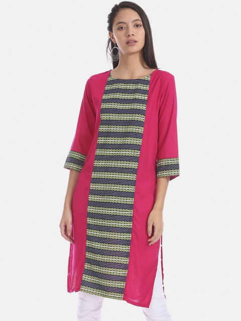 

Karigari Women Pink & Green Striped Kurta