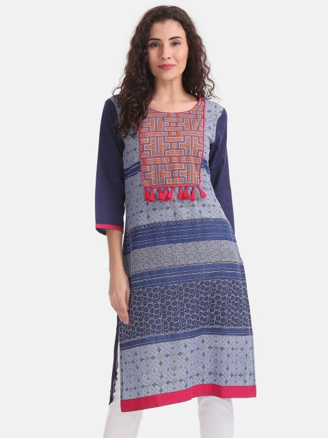 

Karigari Women Blue & Red Ethnic Motifs Printed Pure Cotton Kurta