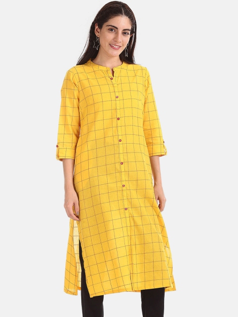

Karigari Women Yellow Checked Pure Cotton Kurta