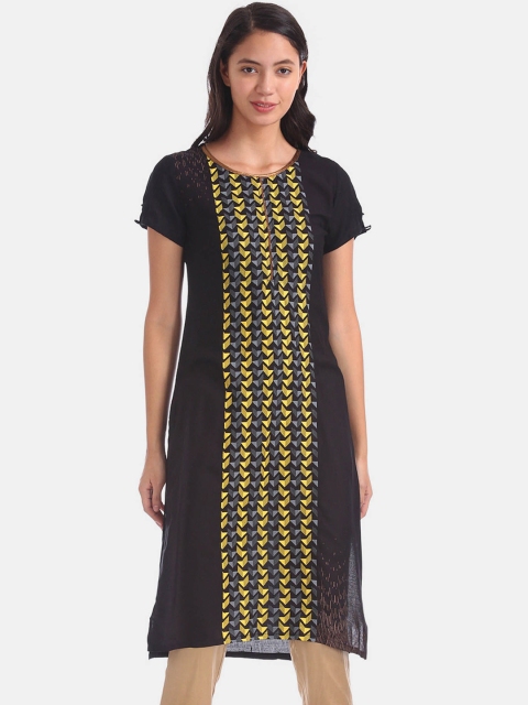 

Karigari Women Black & Yellow Geometric Printed Kurta