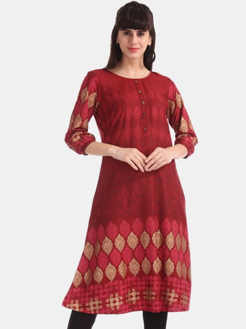 

Karigari Women Red & Gold-Toned Ethnic Motifs Printed Kurta
