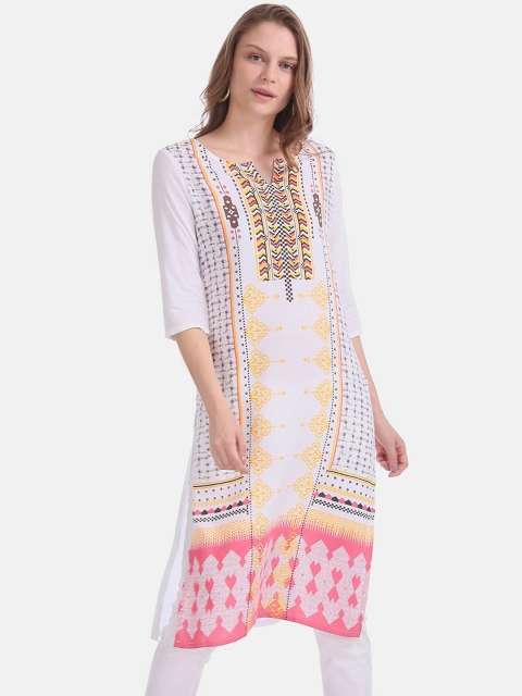 

Karigari Women White & Pink Floral Printed Kurta