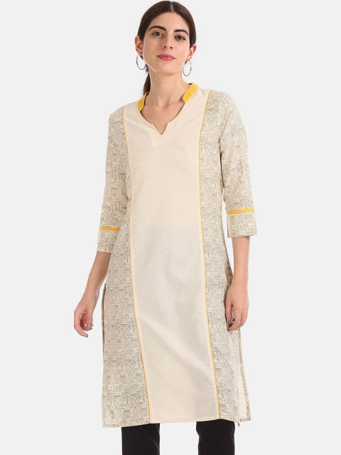 

Karigari Women White & Yellow Geometric Printed Pure Cotton Kurta