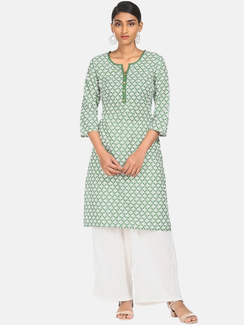 

Karigari Women Green Cotton Geometric Printed Pathani Kurta