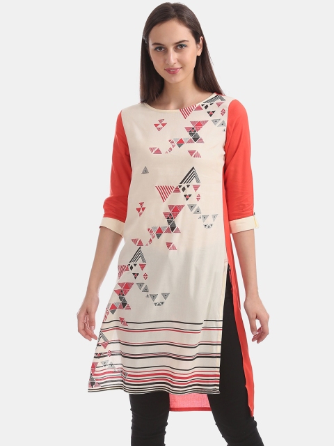 

Karigari Women Coral Geometric Printed Flared Sleeves Kurta