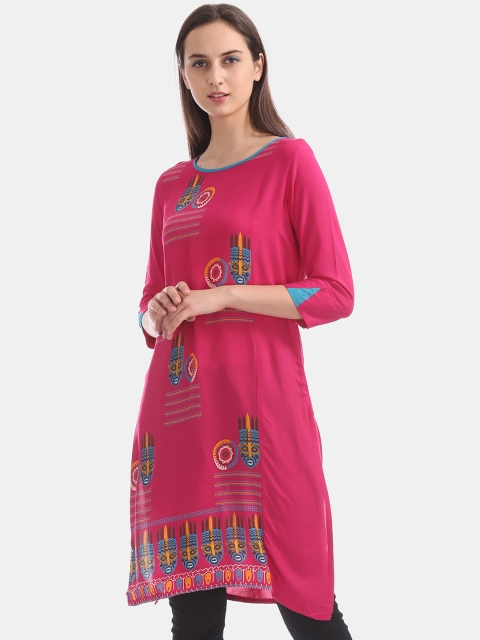 

Karigari Women Pink & Blue Regular Fit Printed Kurta