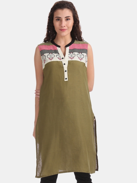 

Karigari Women Green & White Ethnic Motifs Yoke Design Kurta