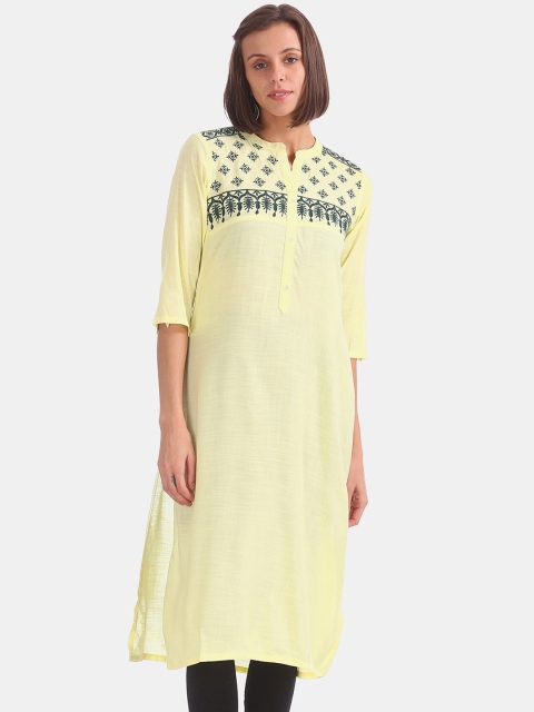 

Karigari Women Yellow Yoke Design Thread Work Kurta