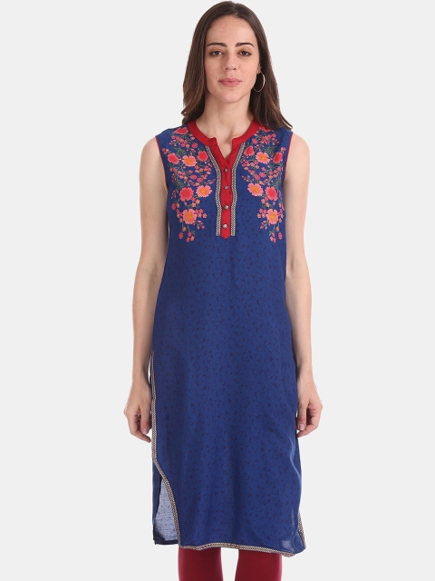 

Karigari Women Blue Floral Printed Kurta