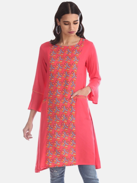 

Karigari Women Pink Floral Embroidered Flared Sleeves Mirror Work Kurta
