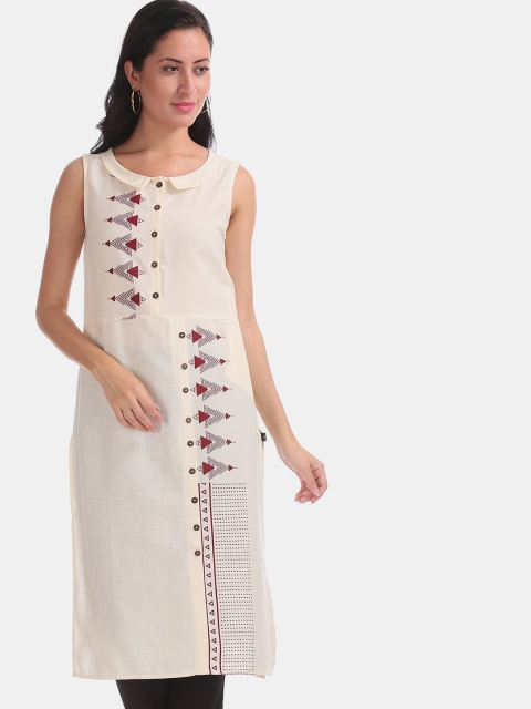 

Karigari Women Cream-Coloured & Maroon Sleeveless Printed Kurta