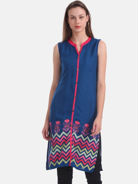 

Karigari Women Blue Printed Straight Kurta