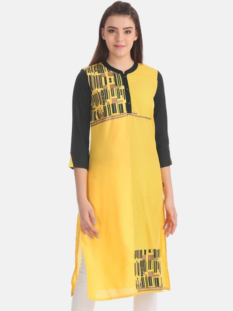 

Karigari Women Yellow Colourblocked Thread Work Kurta