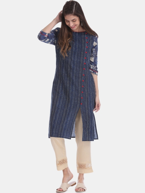 

Karigari Women Blue Cotton Striped Thread Work Kurta