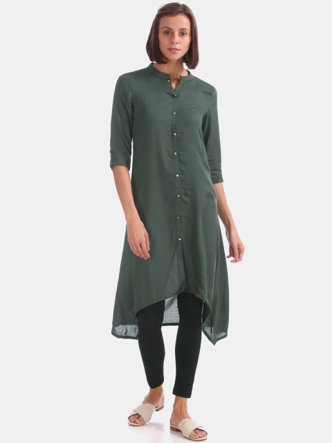 

Karigari Women Green Solid Roll-Up Sleeves Kurta