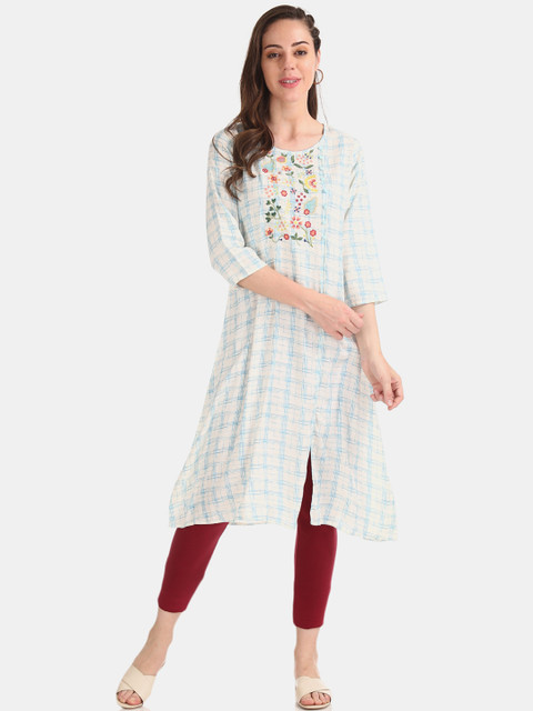 

Karigari Women White & Blue Checked Thread Work Kurta