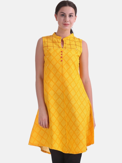 

Karigari Women Yellow Cotton Ethnic Motifs Mirror Work Kurta