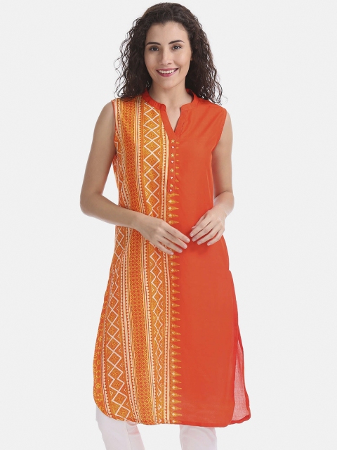 

Karigari Women Orange Printed Straight Kurta