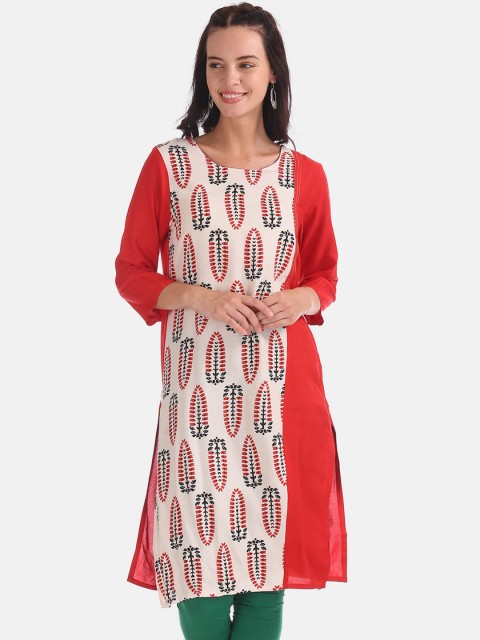 

Karigari Women Red & White Colourblocked Kurta
