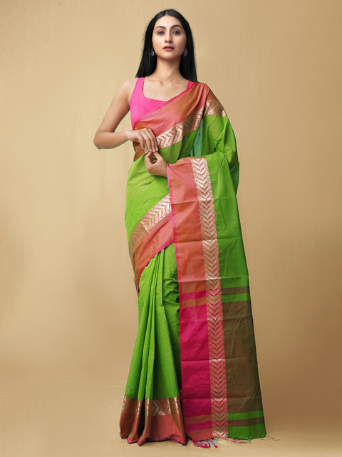 

Unnati Silks Green & Fuchsia Striped Zari Pure Cotton Taant Saree
