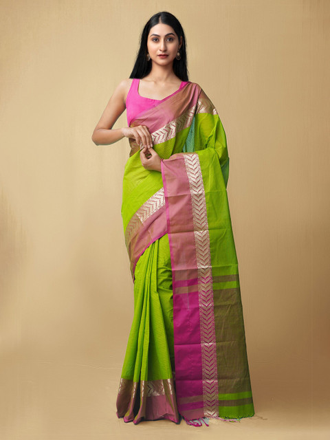 

Unnati Silks Brown & Green Woven Design Zari Pure Cotton Taant Saree