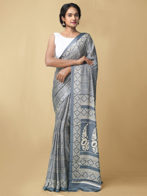 

Unnati Silks Grey & White Ethnic Motifs Printed Art Silk Block Print Saree